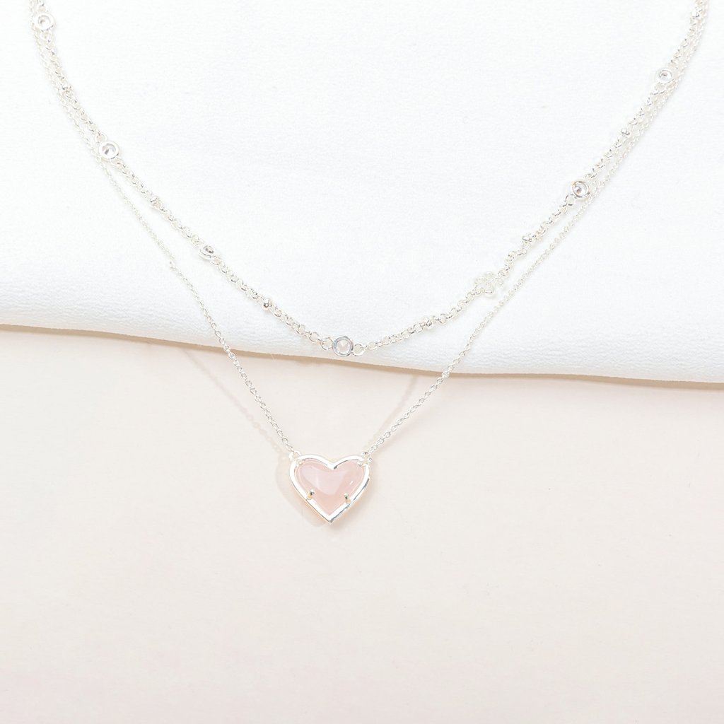 Alicia Bonnie Rose Quartz Heart Pendant Multi-Strand Silver Love Necklace 20$